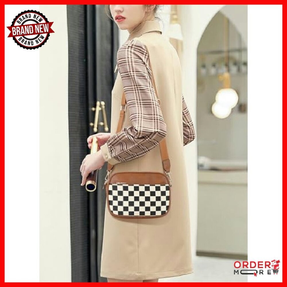 PU Leather Crossbody Bag Adjustable Strap Checkerboard Plaid Handbag - Picture 3 of 7